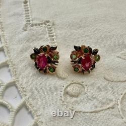 Vintage Rose Gold / Solid Silver Earrings with Rubies and Emeralds