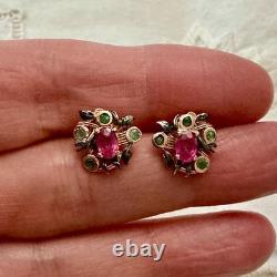 Vintage Rose Gold / Solid Silver Earrings with Rubies and Emeralds
