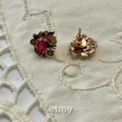 Vintage Rose Gold / Solid Silver Earrings with Rubies and Emeralds