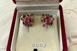 Vintage Rose Gold / Solid Silver Earrings with Rubies and Emeralds