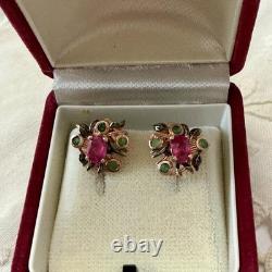 Vintage Rose Gold / Solid Silver Earrings with Rubies and Emeralds
