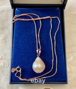 Vintage Rose Gold Solid Silver Pendant Necklace, Huge Genuine Baroque Pearl