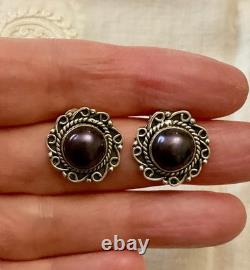 Vintage Solid Silver Earrings Huge Natural Grey Pearl