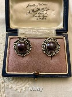 Vintage Solid Silver Earrings Huge Natural Grey Pearl