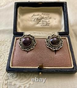 Vintage Solid Silver Earrings Huge Natural Grey Pearl