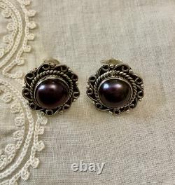 Vintage Solid Silver Earrings Huge Natural Grey Pearl