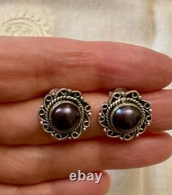 Vintage Solid Silver Earrings Huge Natural Grey Pearl