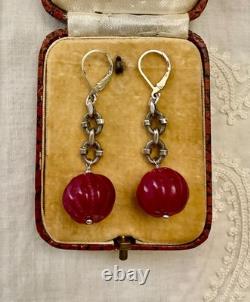 Vintage Solid Silver Earrings with Huge Natural Carved Ruby