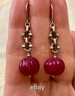 Vintage Solid Silver Earrings with Huge Natural Carved Ruby