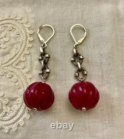 Vintage Solid Silver Earrings with Huge Natural Carved Ruby
