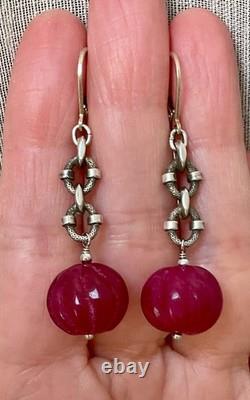 Vintage Solid Silver Earrings with Huge Natural Carved Ruby