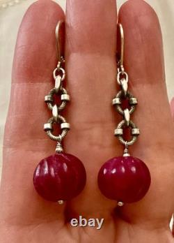 Vintage Solid Silver Earrings with Huge Natural Carved Ruby