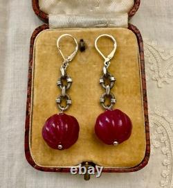 Vintage Solid Silver Earrings with Huge Natural Carved Ruby