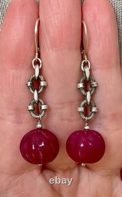 Vintage Solid Silver Earrings with Huge Natural Carved Ruby