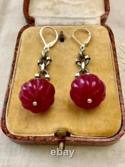 Vintage Solid Silver Earrings with Huge Natural Carved Ruby