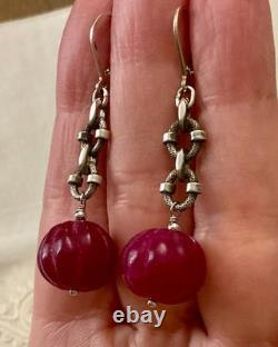 Vintage Solid Silver Earrings with Huge Natural Carved Ruby