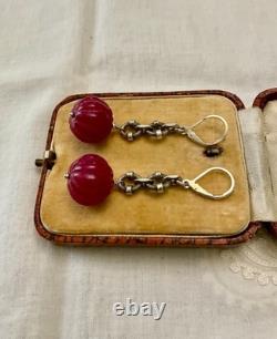 Vintage Solid Silver Earrings with Huge Natural Carved Ruby