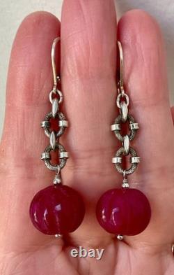 Vintage Solid Silver Earrings with Huge Natural Carved Ruby