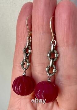 Vintage Solid Silver Earrings with Huge Natural Carved Ruby