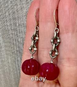 Vintage Solid Silver Earrings with Huge Natural Carved Ruby
