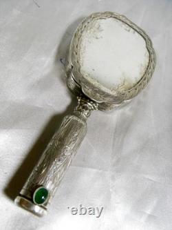 Vintage Solid Silver Hand Mirror Powder Compact Red Lipstick Case