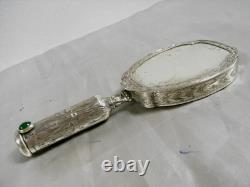 Vintage Solid Silver Hand Mirror Powder Compact Red Lipstick Case