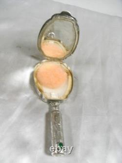 Vintage Solid Silver Hand Mirror Powder Compact Red Lipstick Case