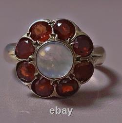 Vintage silver ring with garnet and moonstone, solid silver ring, garnet size 55