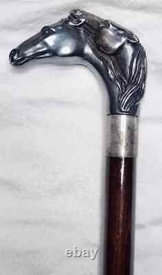 Vintage silver solid horse head walking stick