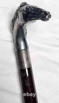 Vintage silver solid horse head walking stick