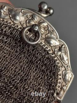 52,4g Ancienne grande bourse aumônière / sac de soirée en Argent fin XIXème