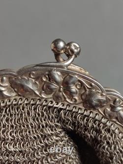 52,4g Ancienne grande bourse aumônière / sac de soirée en Argent fin XIXème