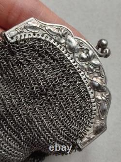 52,4g Ancienne grande bourse aumônière / sac de soirée en Argent fin XIXème