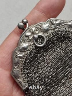 52,4g Ancienne grande bourse aumônière / sac de soirée en Argent fin XIXème