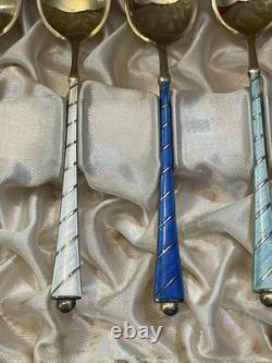 6 anciennes petites cuillères à Moka en argent massif vermeil émaillé Danemark