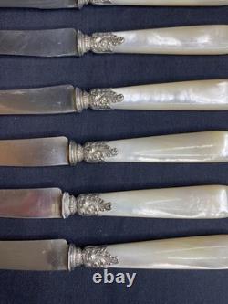 6 anciens couteaux lames en argent massif Minerve manches en nacre
