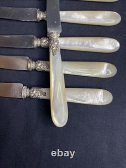 6 anciens couteaux lames en argent massif Minerve manches en nacre