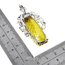 925 Pendentif Argent Massif Ancien Citron Quartz 43ct Émeraude Main Gemme