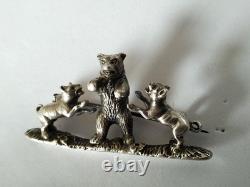 ANCIENNE BROCHE ARGENT MASSIF OURS & CHIENS EMPIRE AUTRO-HONGROIS XIXe