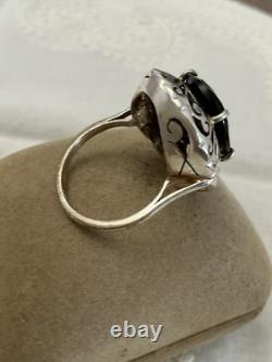 ANCIENNE Grande BAGUE ARGENT MASSIF CISELURES, ÉNORME TOPAZE FUMÉE, CRÉATEUR