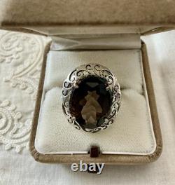ANCIENNE Grande BAGUE ARGENT MASSIF CISELURES, ÉNORME TOPAZE FUMÉE, CRÉATEUR