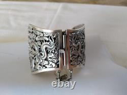 ANCIEN BRACELET MANCHETTE ARGENT MASSIF DRAGON CHINE INDOCHINE Chinese silver