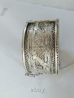 ANCIEN BRACELET MANCHETTE MOYEN ORIENT ARGENT MASSIF FILIGRANE étoile lune