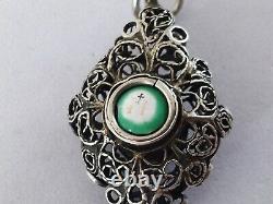 ANCIEN PENDENTIF DE CHAPELET ARGENT MASSIF FILIGRANE BAVIÈRE XIXe ÉMAIL BAVARIAN