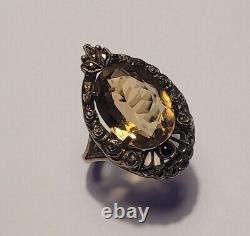 Ancien Bijou Bague Argent Massif 925 Marcassite Quartz Fumé Taille # K4