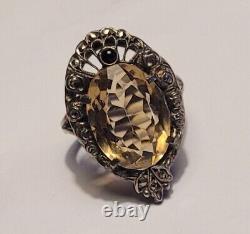 Ancien Bijou Bague Argent Massif 925 Marcassite Quartz Fumé Taille # K4