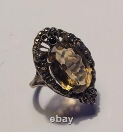 Ancien Bijou Bague Argent Massif 925 Marcassite Quartz Fumé Taille # K4