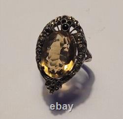 Ancien Bijou Bague Argent Massif 925 Marcassite Quartz Fumé Taille # K4