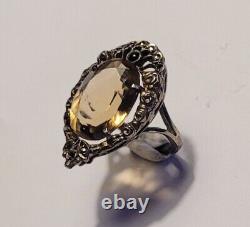 Ancien Bijou Bague Argent Massif 925 Marcassite Quartz Fumé Taille # K4