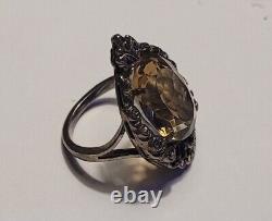 Ancien Bijou Bague Argent Massif 925 Marcassite Quartz Fumé Taille # K4